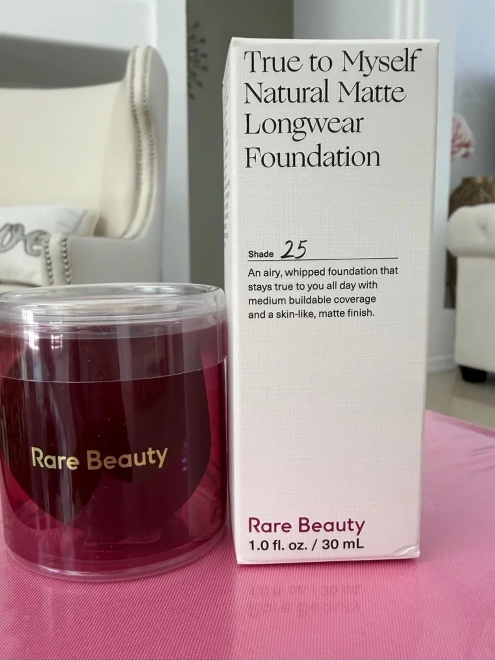 New Rare Beauty True to Myself Foundation and makeup sponge shade 22